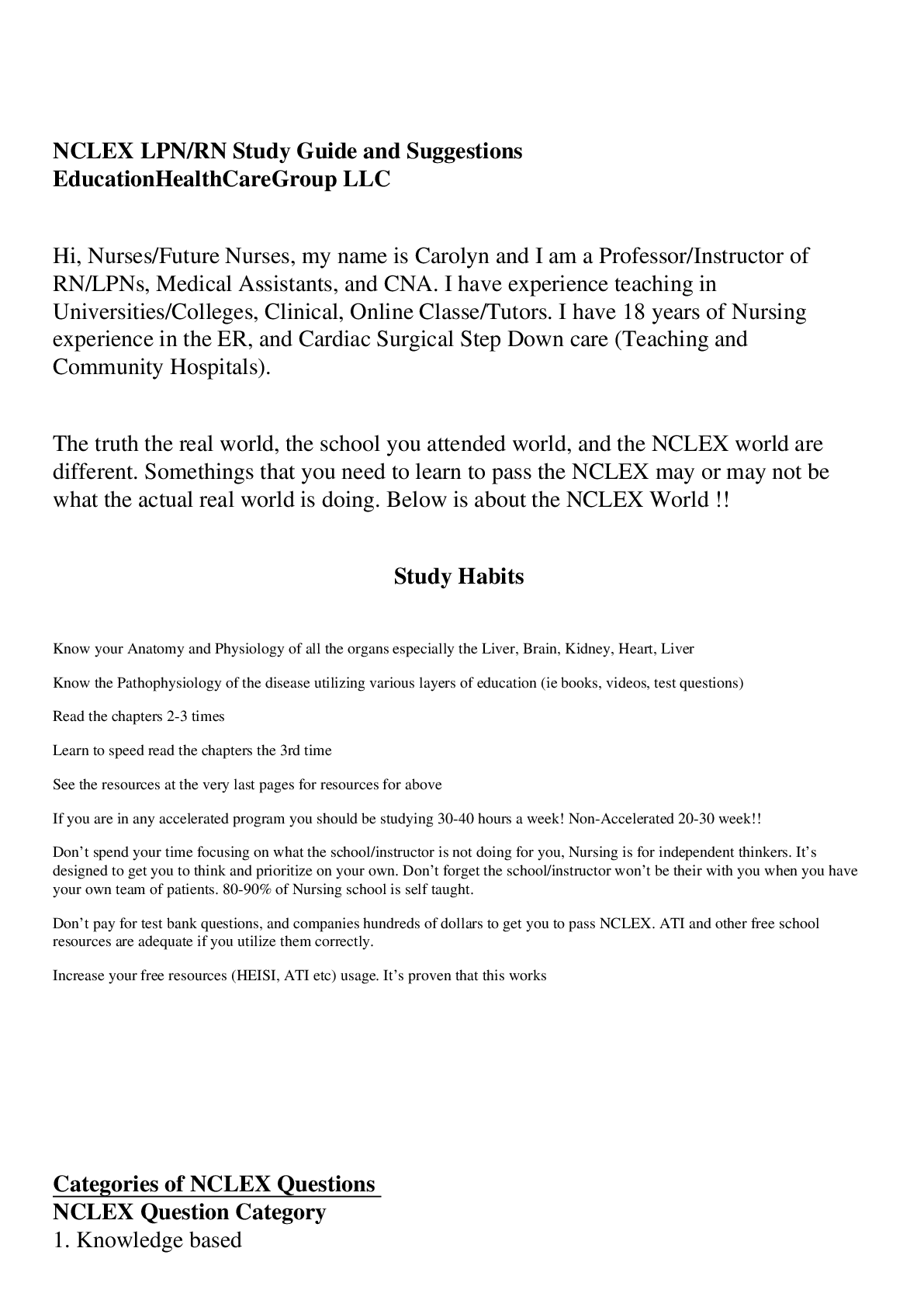 Preview image for NCLEX LPN/RN Study Guide and Suggestions Education Health Care Group LLC